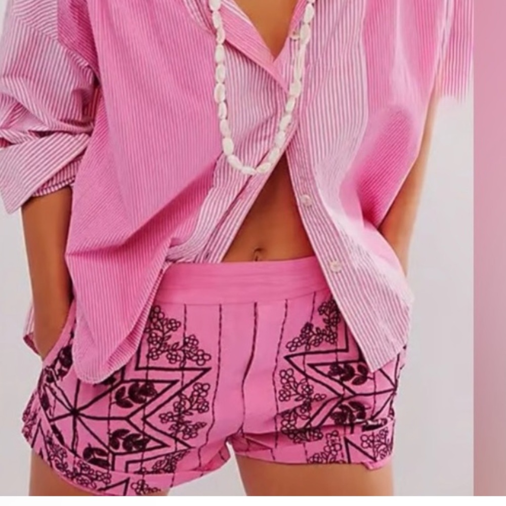 Free People High Waist Pink Shorts with Black Pattern